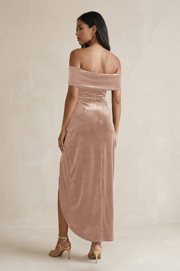 Off - the - Shoulder Sheath Velvet Midi Bridesmaid Dress in Champagne Rose - KissProm Bridesmaid Dresses