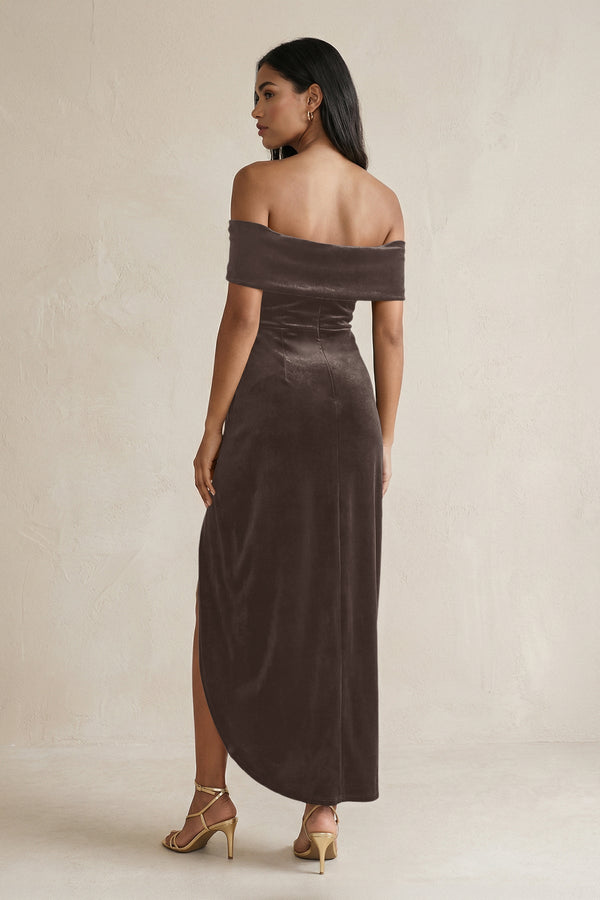 Off - the - Shoulder Sheath Velvet Midi Bridesmaid Dress in Chocolate - KissProm Bridesmaid Dresses