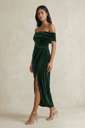 Off - the - Shoulder Sheath Velvet Midi Bridesmaid Dress in Dark Green - KissProm Bridesmaid Dresses