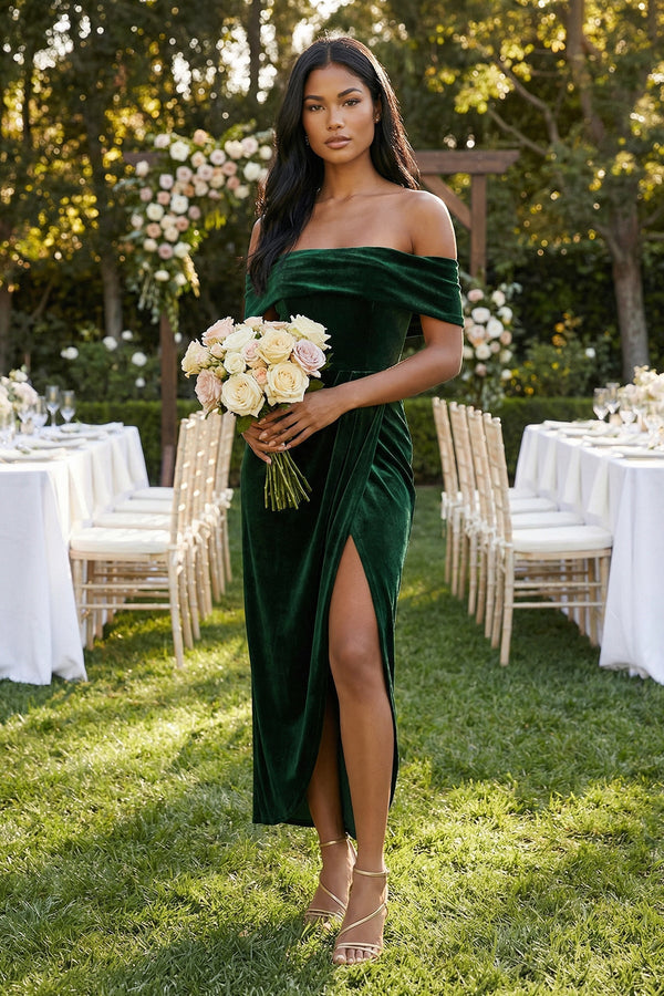 KissProm | Off-the-Shoulder Sheath Velvet Midi Bridesmaid Dress in Dark Green KissProm | Off-the-Shoulder Sheath Velvet Midi Bridesmaid Dress in Dark Green