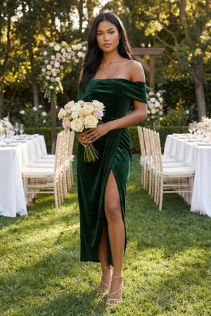 Off - the - Shoulder Sheath Velvet Midi Bridesmaid Dress in Dark Green - KissProm Bridesmaid Dresses