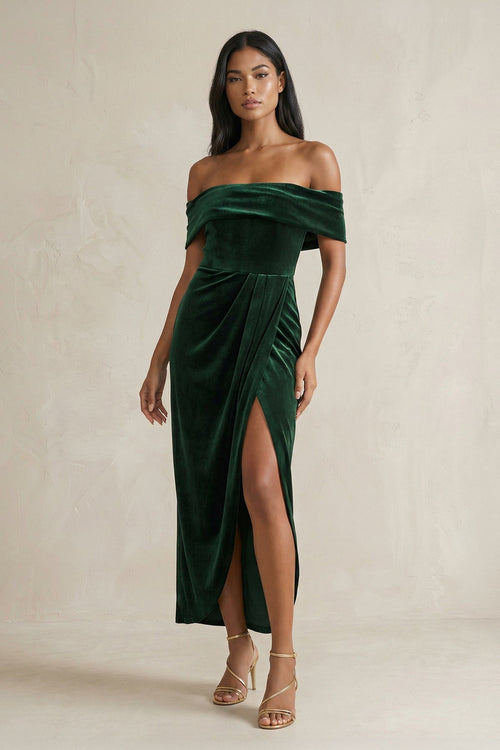 Off-the-Shoulder Sheath Velvet Midi Bridesmaid Dress in Dark Green, Dark Green / 18 Off-the-Shoulder Sheath Velvet Midi Bridesmaid Dress in Dark Green, Dark Green / 18