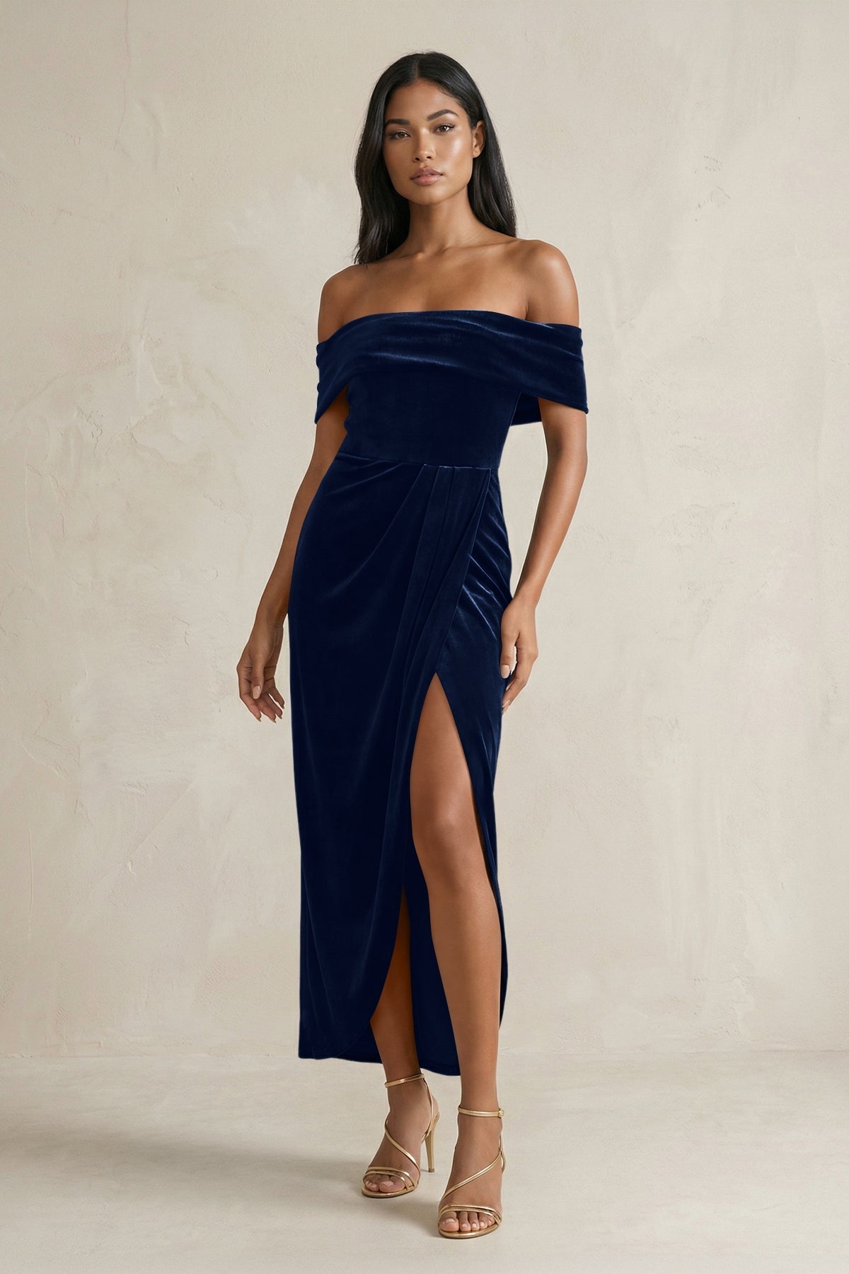 KissProm Off-the-Shoulder Sheath Velvet Midi Bridesmaid Dress in Dark Navy, Dark Navy / 6