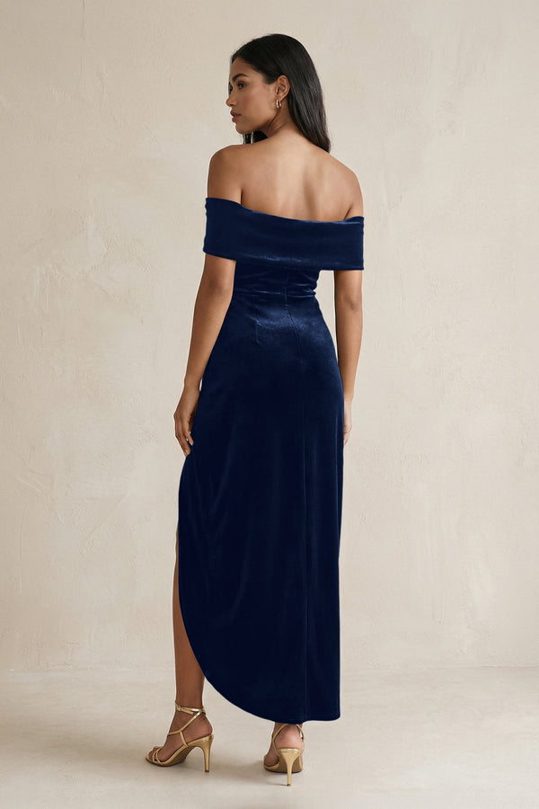 Off - the - Shoulder Sheath Velvet Midi Bridesmaid Dress in Dark Navy - KissProm Bridesmaid Dresses