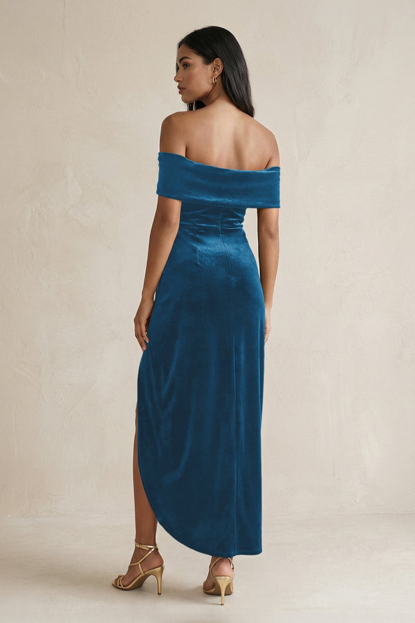 KissProm | Off-the-Shoulder Sheath Velvet Midi Bridesmaid Dress in Dark Teal