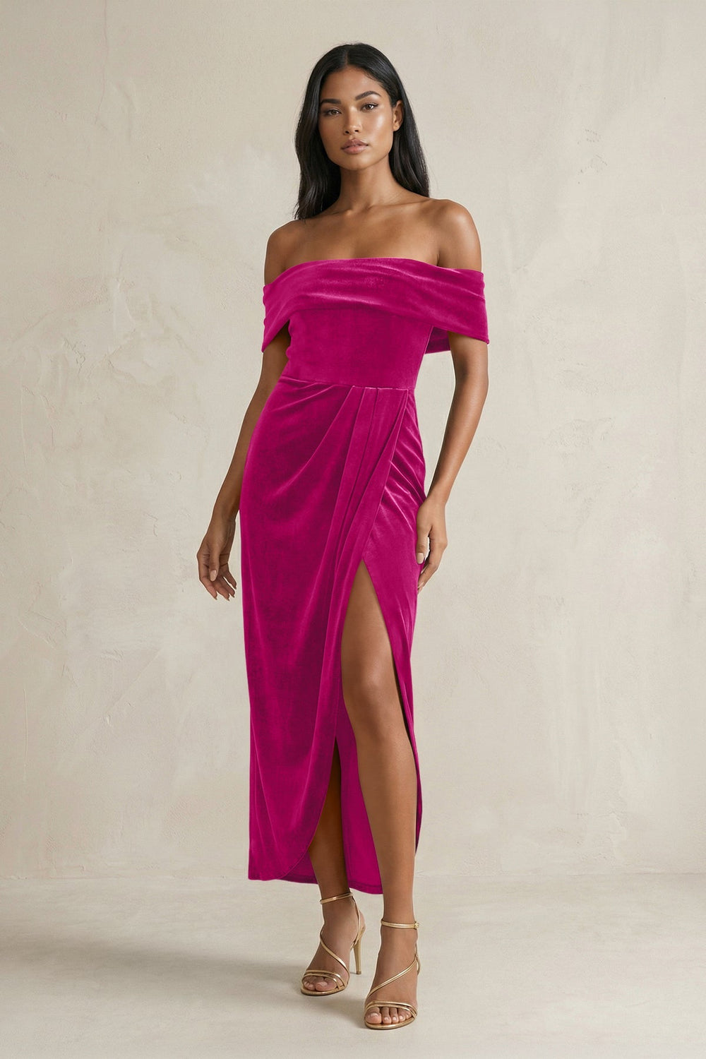 Off - the - Shoulder Sheath Velvet Midi Bridesmaid Dress in Desert Rose - KissProm Bridesmaid Dresses