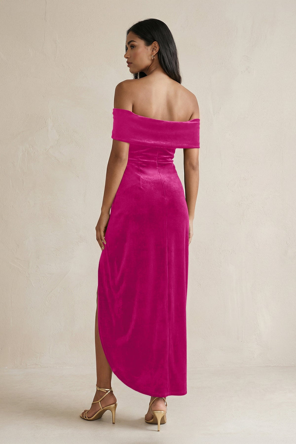 Off - the - Shoulder Sheath Velvet Midi Bridesmaid Dress in Desert Rose - KissProm Bridesmaid Dresses