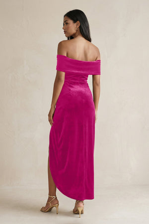 Off - the - Shoulder Sheath Velvet Midi Bridesmaid Dress in Desert Rose - KissProm Bridesmaid Dresses