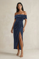 Off - the - Shoulder Sheath Velvet Midi Bridesmaid Dress in Dusk Blue - KissProm Bridesmaid Dresses