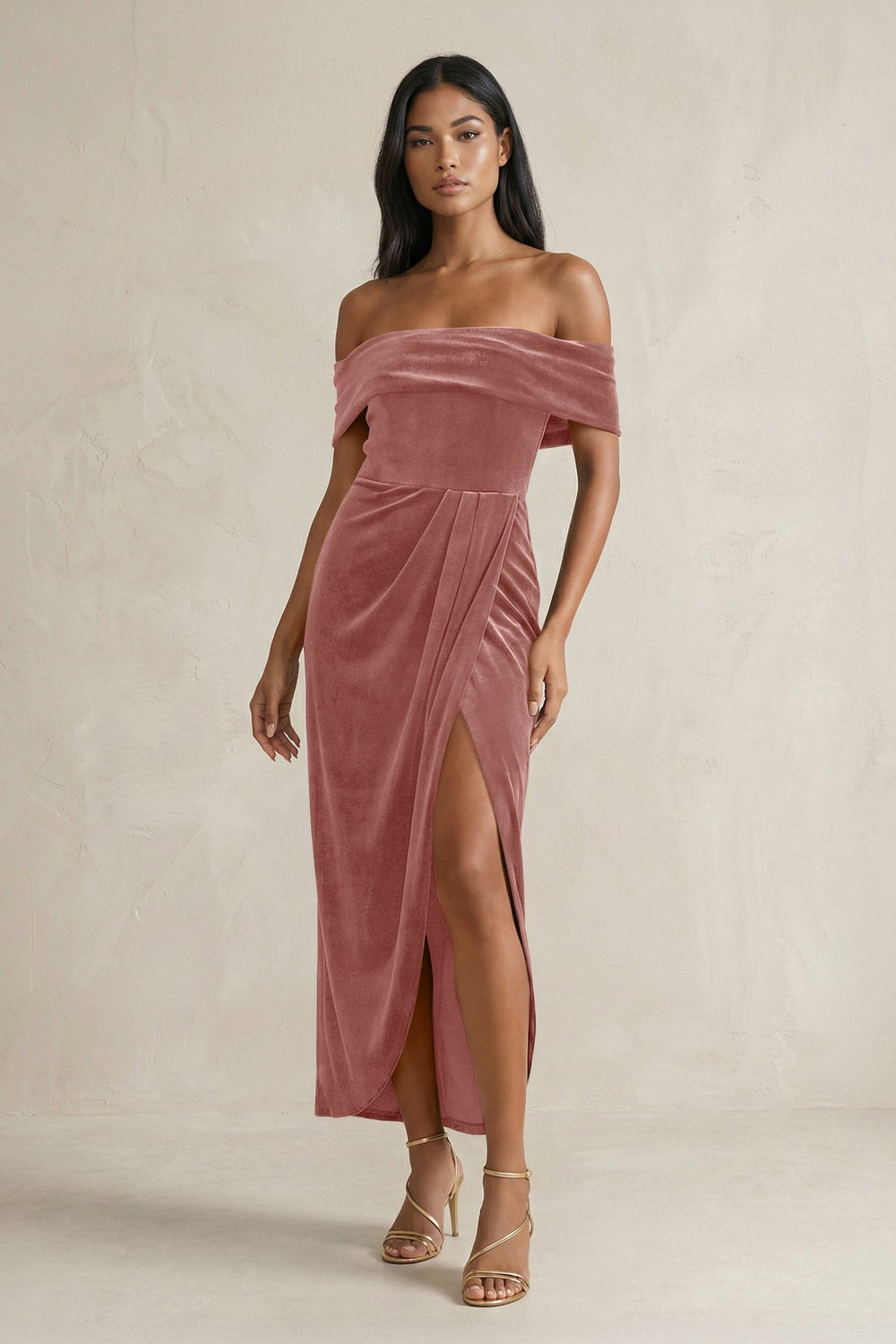 Off - the - Shoulder Sheath Velvet Midi Bridesmaid Dress in Dusty Rose - KissProm Bridesmaid Dresses