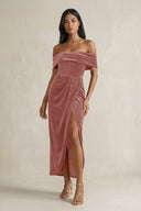 Off - the - Shoulder Sheath Velvet Midi Bridesmaid Dress in Dusty Rose - KissProm Bridesmaid Dresses