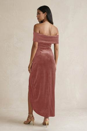 Off - the - Shoulder Sheath Velvet Midi Bridesmaid Dress in Dusty Rose - KissProm Bridesmaid Dresses