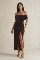 Off - the - Shoulder Sheath Velvet Midi Bridesmaid Dress in Espresso - KissProm Bridesmaid Dresses