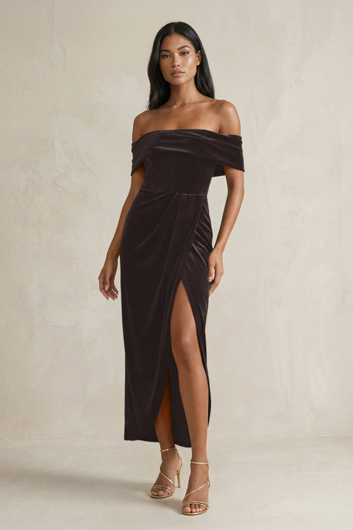 Off - the - Shoulder Sheath Velvet Midi Bridesmaid Dress in Espresso - KissProm Bridesmaid Dresses