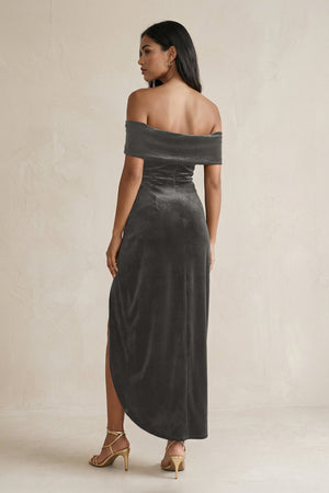 Off - the - Shoulder Sheath Velvet Midi Bridesmaid Dress in Frost - KissProm Bridesmaid Dresses