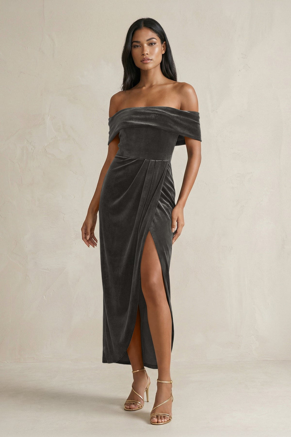 Off - the - Shoulder Sheath Velvet Midi Bridesmaid Dress in Frost - KissProm Bridesmaid Dresses