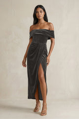Off - the - Shoulder Sheath Velvet Midi Bridesmaid Dress in Frost - KissProm Bridesmaid Dresses
