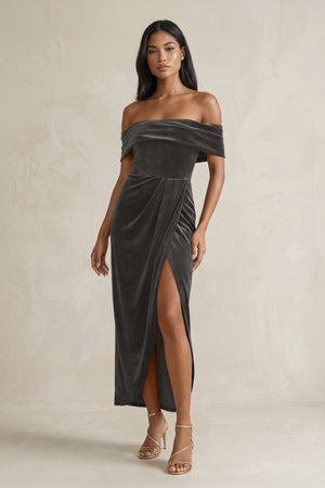 Off - the - Shoulder Sheath Velvet Midi Bridesmaid Dress in Frost - KissProm Bridesmaid Dresses
