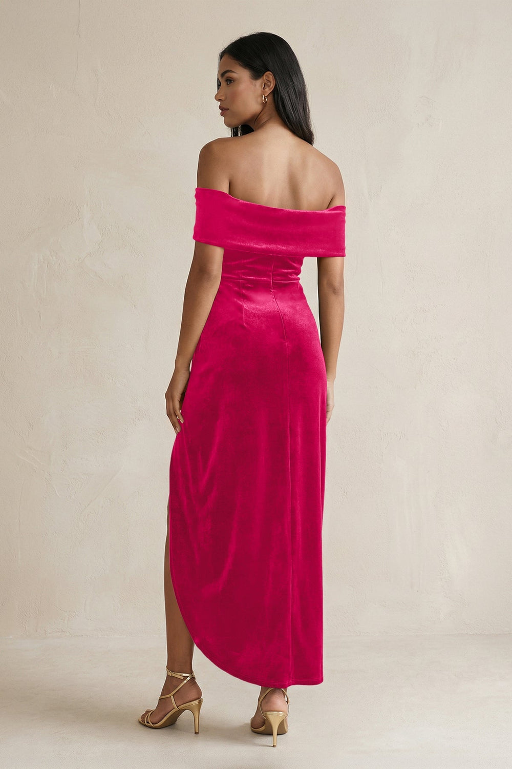 Off - the - Shoulder Sheath Velvet Midi Bridesmaid Dress in Fuchsia - KissProm Bridesmaid Dresses