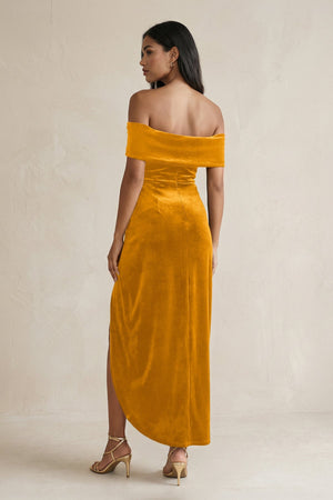Off - the - Shoulder Sheath Velvet Midi Bridesmaid Dress in Gold - KissProm Bridesmaid Dresses