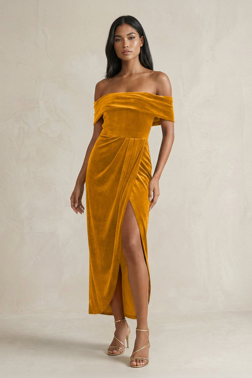 KissProm | Off-the-Shoulder Sheath Velvet Midi Bridesmaid Dress in Gold KissProm | Off-the-Shoulder Sheath Velvet Midi Bridesmaid Dress in Gold