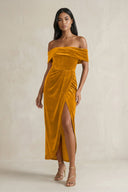 Off - the - Shoulder Sheath Velvet Midi Bridesmaid Dress in Gold - KissProm Bridesmaid Dresses