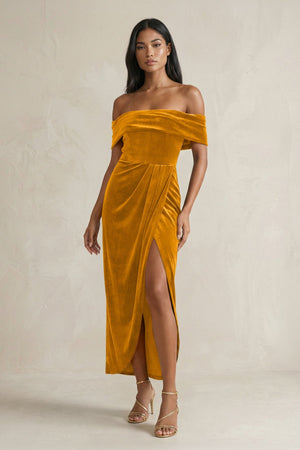 Off - the - Shoulder Sheath Velvet Midi Bridesmaid Dress in Gold - KissProm Bridesmaid Dresses