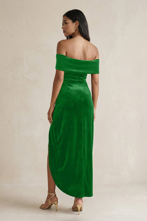 Off - the - Shoulder Sheath Velvet Midi Bridesmaid Dress in Green - KissProm Bridesmaid Dresses