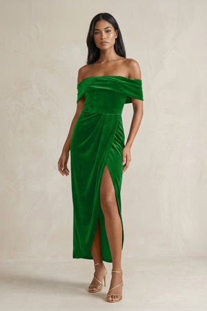 Off - the - Shoulder Sheath Velvet Midi Bridesmaid Dress in Green - KissProm Bridesmaid Dresses