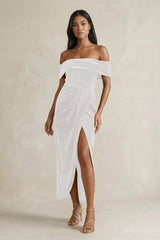Off - the - Shoulder Sheath Velvet Midi Bridesmaid Dress in Ivory - KissProm Bridesmaid Dresses
