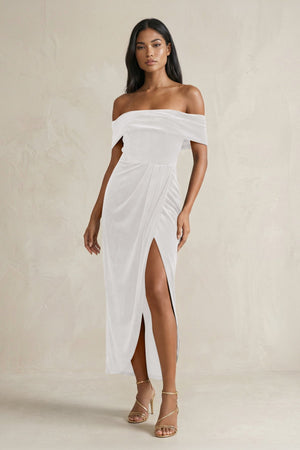 Off - the - Shoulder Sheath Velvet Midi Bridesmaid Dress in Ivory - KissProm Bridesmaid Dresses