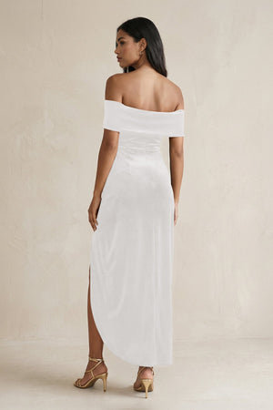 Off - the - Shoulder Sheath Velvet Midi Bridesmaid Dress in Ivory - KissProm Bridesmaid Dresses