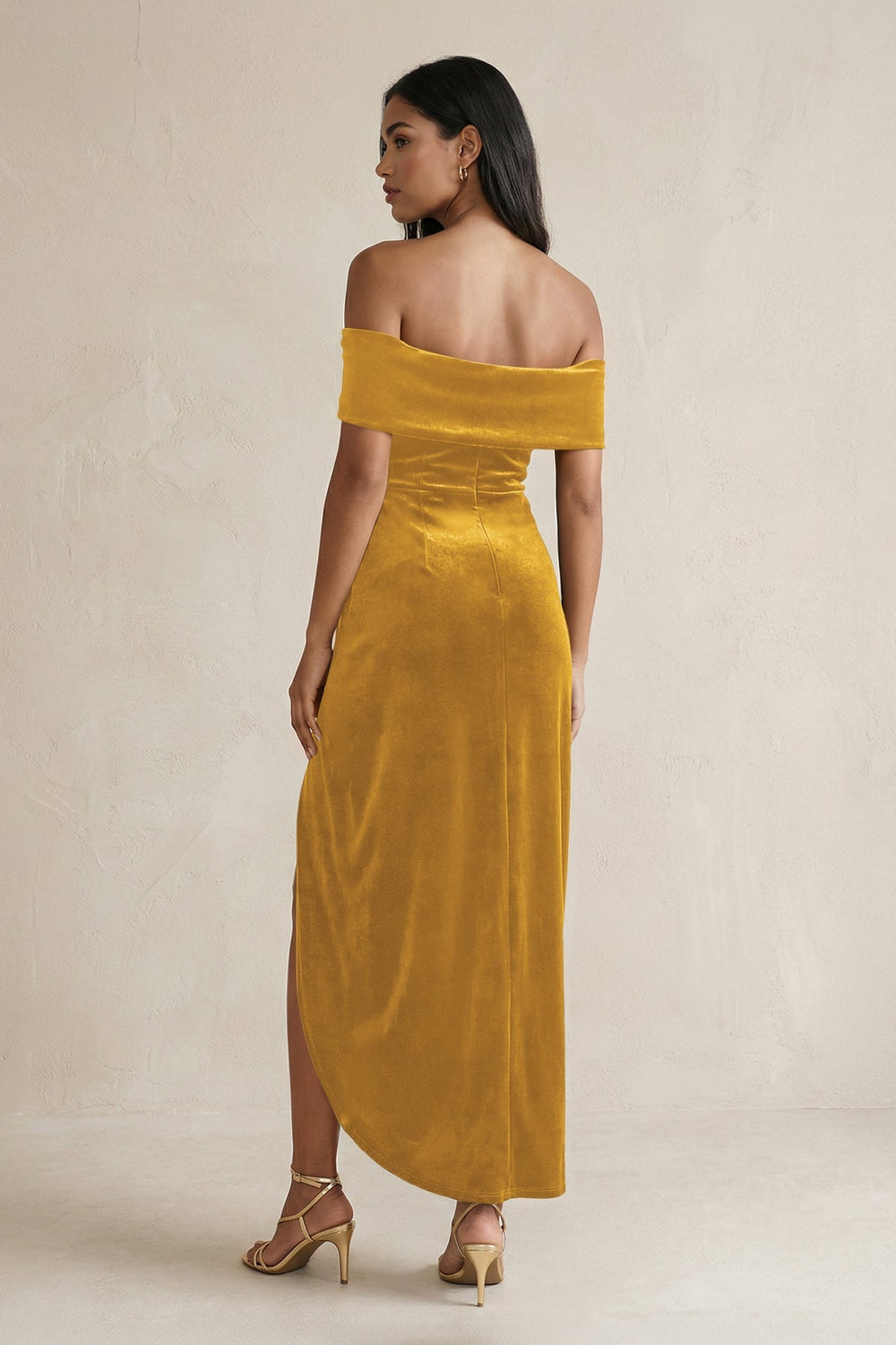 Off - the - Shoulder Sheath Velvet Midi Bridesmaid Dress in Marigold - KissProm Bridesmaid Dresses
