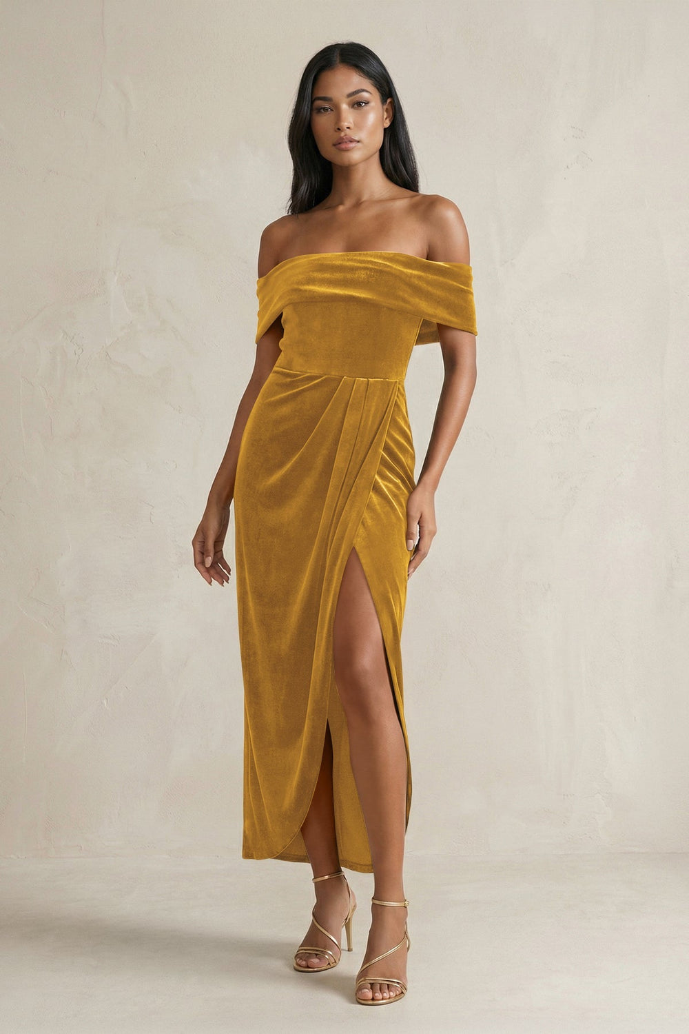 Off - the - Shoulder Sheath Velvet Midi Bridesmaid Dress in Marigold - KissProm Bridesmaid Dresses