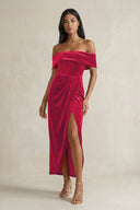 Off - the - Shoulder Sheath Velvet Midi Bridesmaid Dress in Merlot - KissProm Bridesmaid Dresses