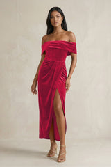 Off - the - Shoulder Sheath Velvet Midi Bridesmaid Dress in Merlot - KissProm Bridesmaid Dresses