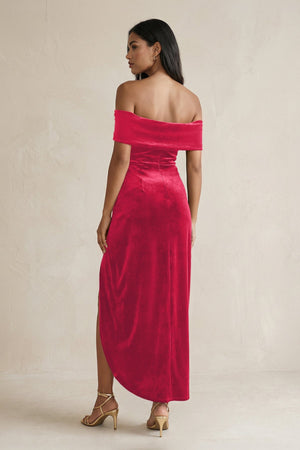 Off - the - Shoulder Sheath Velvet Midi Bridesmaid Dress in Merlot - KissProm Bridesmaid Dresses