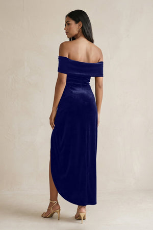 Off - the - Shoulder Sheath Velvet Midi Bridesmaid Dress in Navy - KissProm Bridesmaid Dresses
