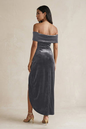 Off - the - Shoulder Sheath Velvet Midi Bridesmaid Dress in Neptune - KissProm Bridesmaid Dresses