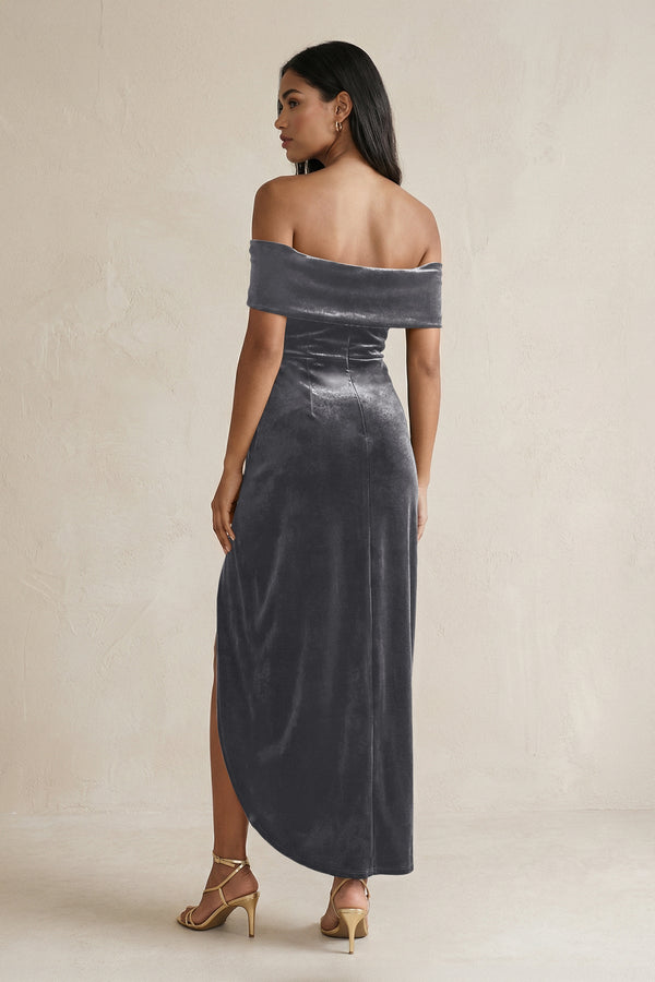 Off - the - Shoulder Sheath Velvet Midi Bridesmaid Dress in Neptune - KissProm Bridesmaid Dresses