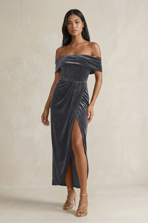 Off - the - Shoulder Sheath Velvet Midi Bridesmaid Dress in Neptune - KissProm Bridesmaid Dresses