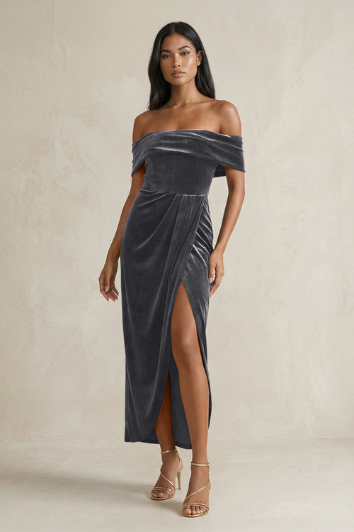 Off - the - Shoulder Sheath Velvet Midi Bridesmaid Dress in Neptune - KissProm Bridesmaid Dresses