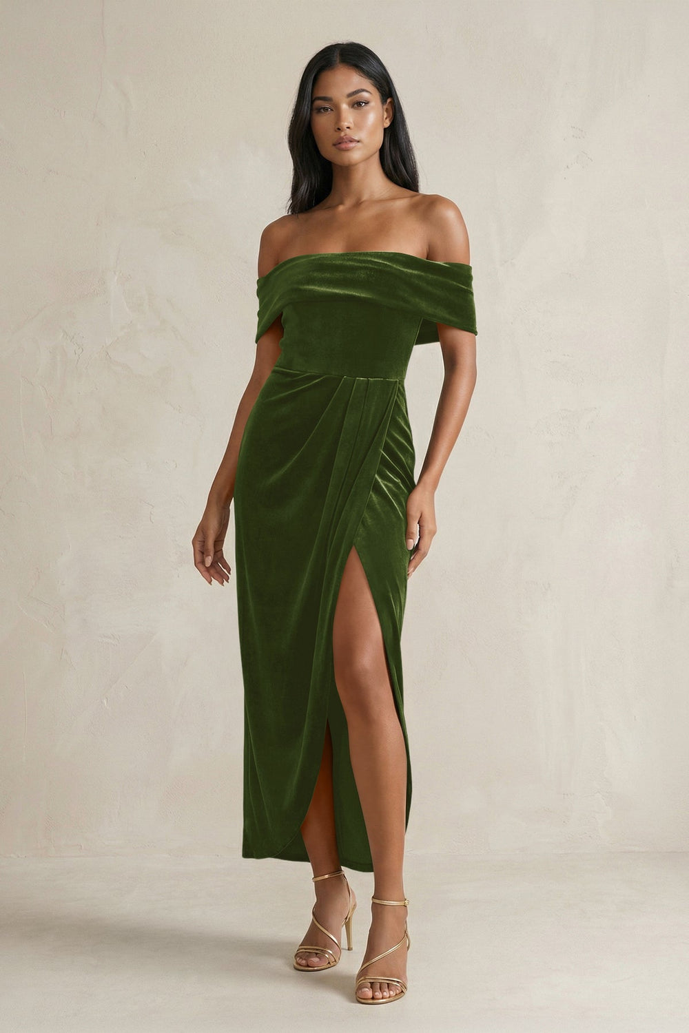 Off - the - Shoulder Sheath Velvet Midi Bridesmaid Dress in Olive - KissProm Bridesmaid Dresses