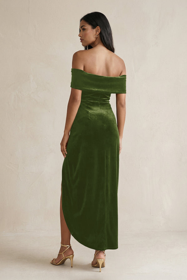 KissProm | Off-the-Shoulder Sheath Velvet Midi Bridesmaid Dress in Olive KissProm | Off-the-Shoulder Sheath Velvet Midi Bridesmaid Dress in Olive