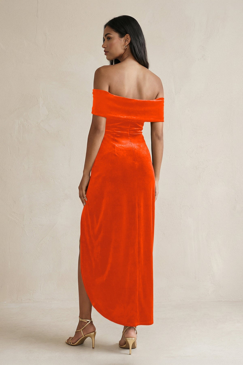 Off - the - Shoulder Sheath Velvet Midi Bridesmaid Dress in Orange - KissProm Bridesmaid Dresses