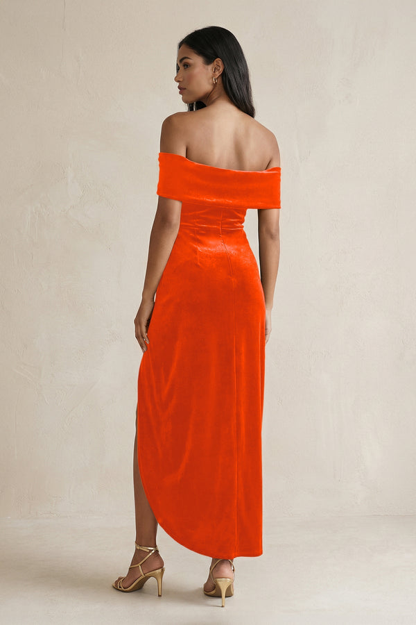 Off - the - Shoulder Sheath Velvet Midi Bridesmaid Dress in Orange - KissProm Bridesmaid Dresses