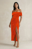 Off - the - Shoulder Sheath Velvet Midi Bridesmaid Dress in Orange - KissProm Bridesmaid Dresses