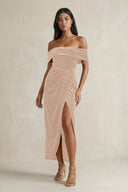 Off - the - Shoulder Sheath Velvet Midi Bridesmaid Dress in Pale Blush - KissProm Bridesmaid Dresses