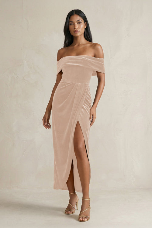 Off - the - Shoulder Sheath Velvet Midi Bridesmaid Dress in Pale Blush - KissProm Bridesmaid Dresses