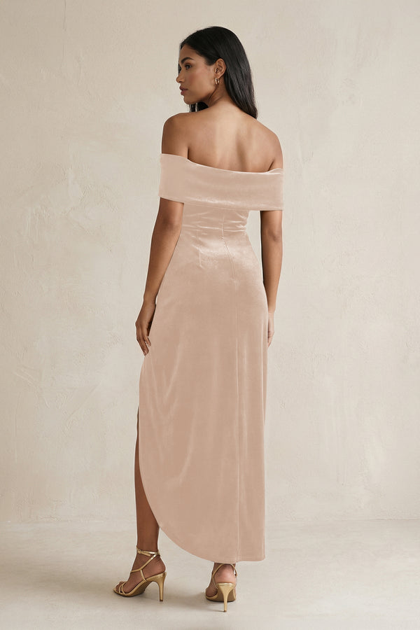 blush off the shoulder midi dress Off-the-Shoulder Sheath Velvet Midi Bridesmaid Dress in Pale Blush